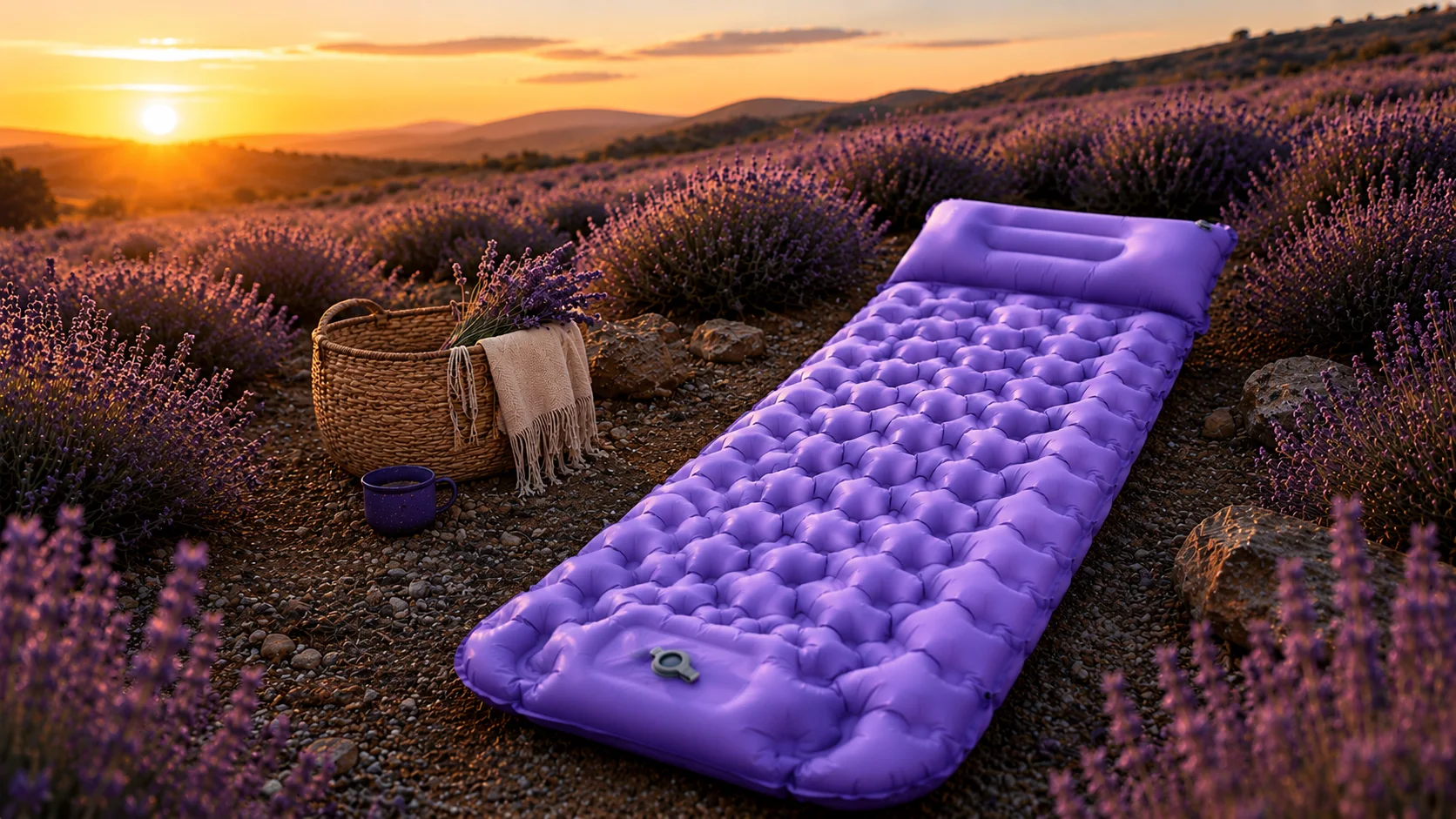MAT’ Original violet installé dans un champ de lavande au coucher du soleil